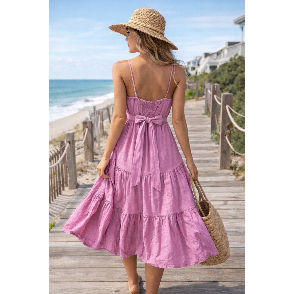 Haute Hippie Pink Tiered Boho Dress L Flowy Tie Back Sundress Festival Peony